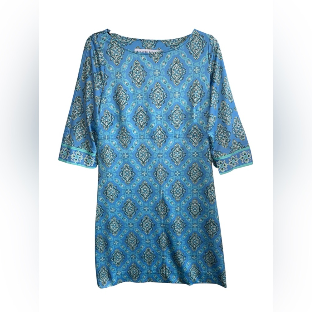 Gretchen Scott Designs Teal Blue and Cream Patterned Dress Size Medium